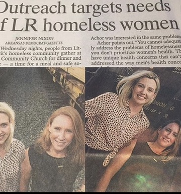 Newspaper clipping headlined about outreach targeting the needs of homeless women in Little Rock, with a photo of volunteers packing supplies