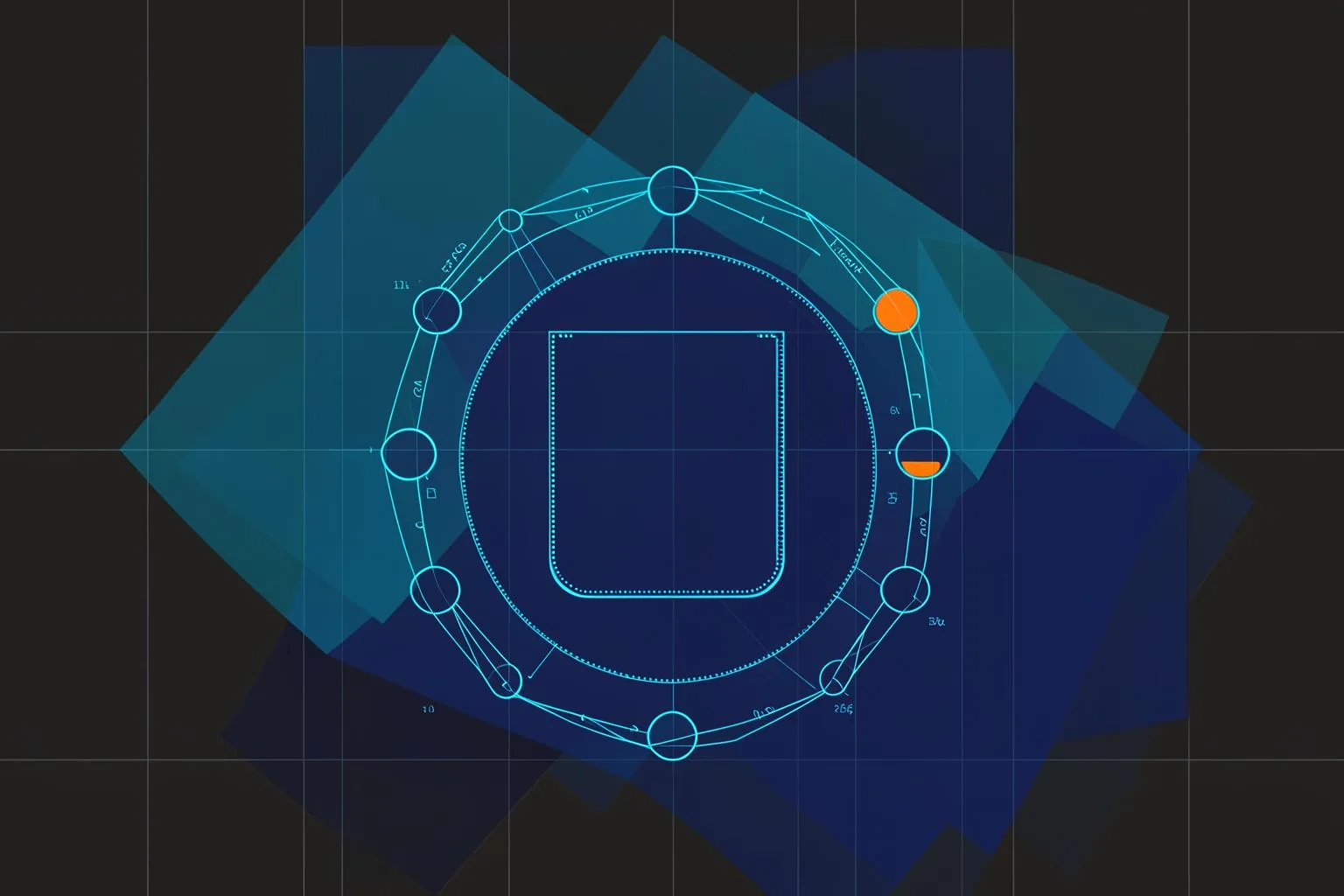 Abstract blueprint illustration in blue and orange.