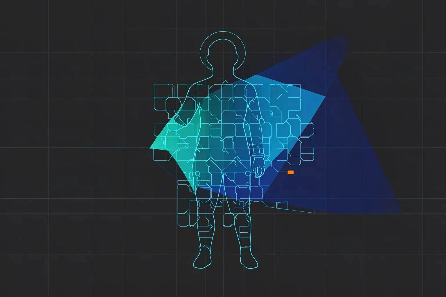 Abstract blueprint illustration in blue and orange.