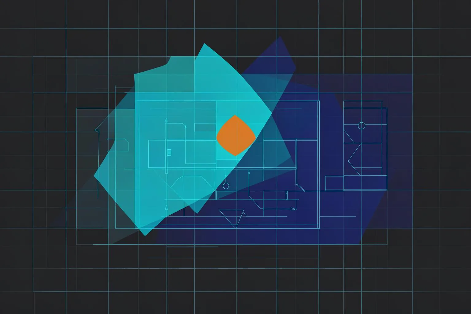Abstract blueprint illustration in blue and orange.