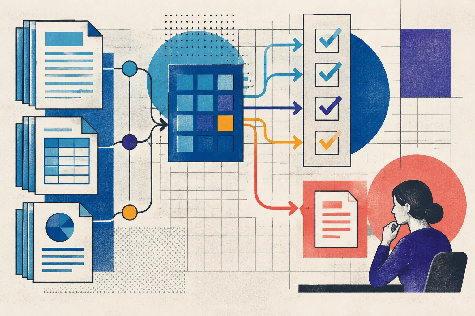 Abstract blueprint illustration of contracts flowing into automated reconciliation checks, with a small share routed to human review.