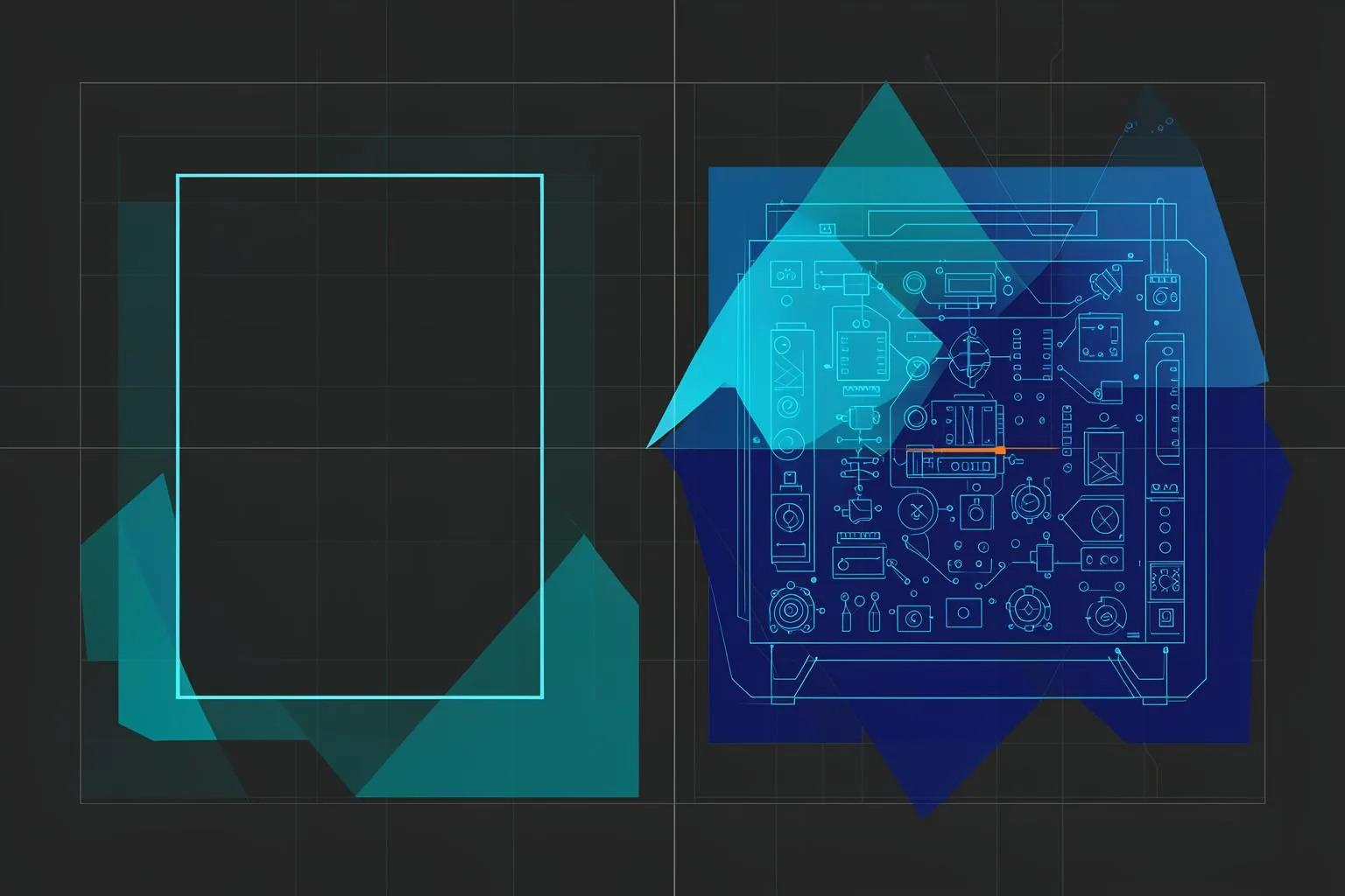 Abstract blueprint illustration in blue and orange.