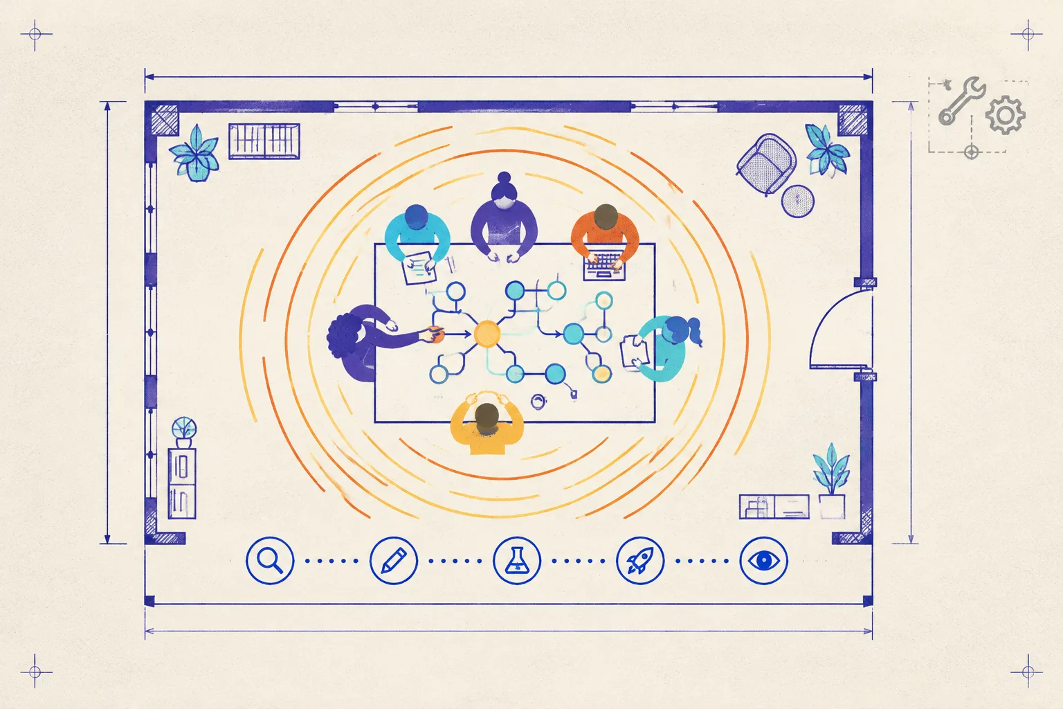 Abstract blueprint illustration of a cross-functional room gathered around a shared workflow diagram, energy radiating outward, with a row of phase markers along the floor and a set of untouched tools in the corner.