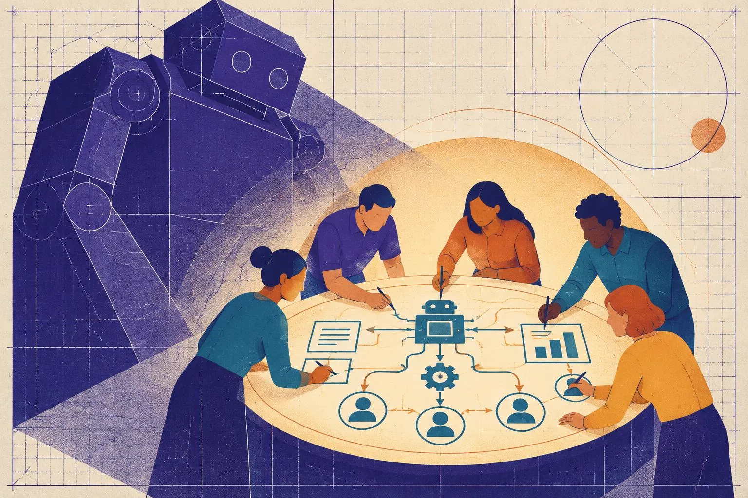 Blueprint illustration: employees at a table redesigning their own workflow beneath a looming machine.