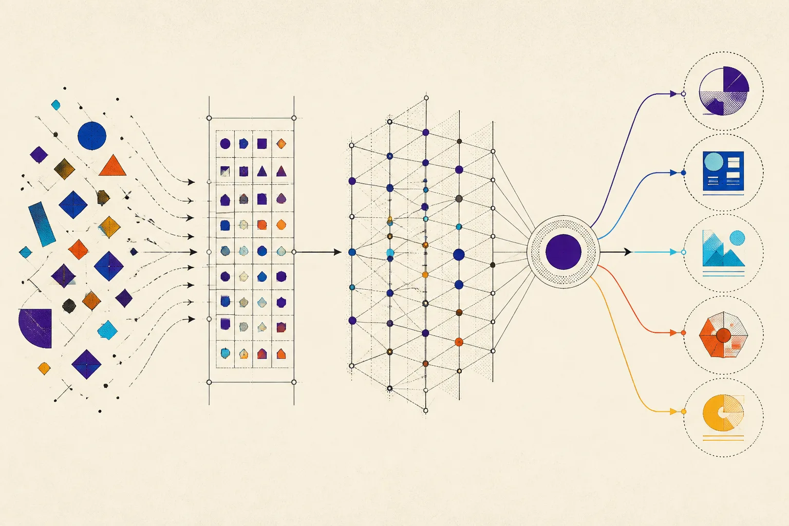 Abstract blueprint illustration of fragmented sources flowing through normalization and a structured evidence layer into audience-specific outputs.