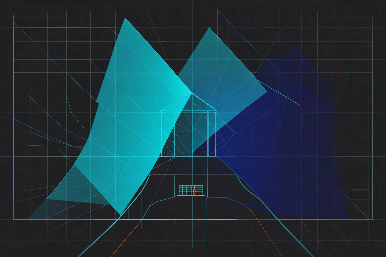 Abstract blueprint illustration in blue and orange.