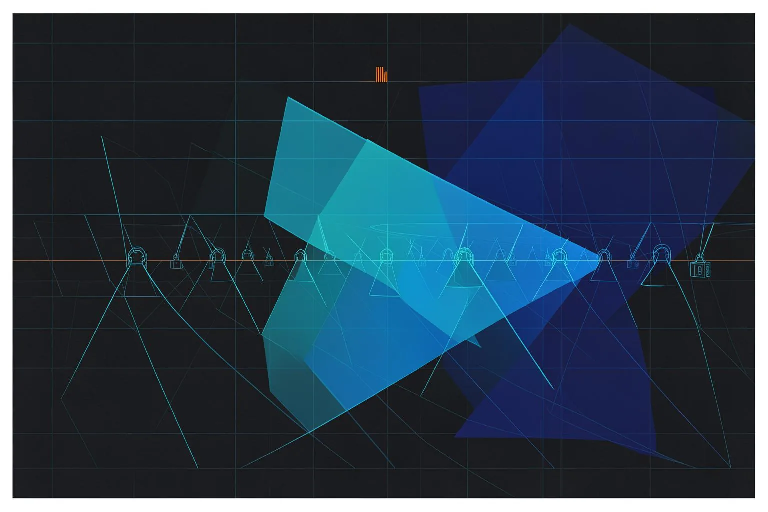 Abstract blueprint illustration in blue and orange.