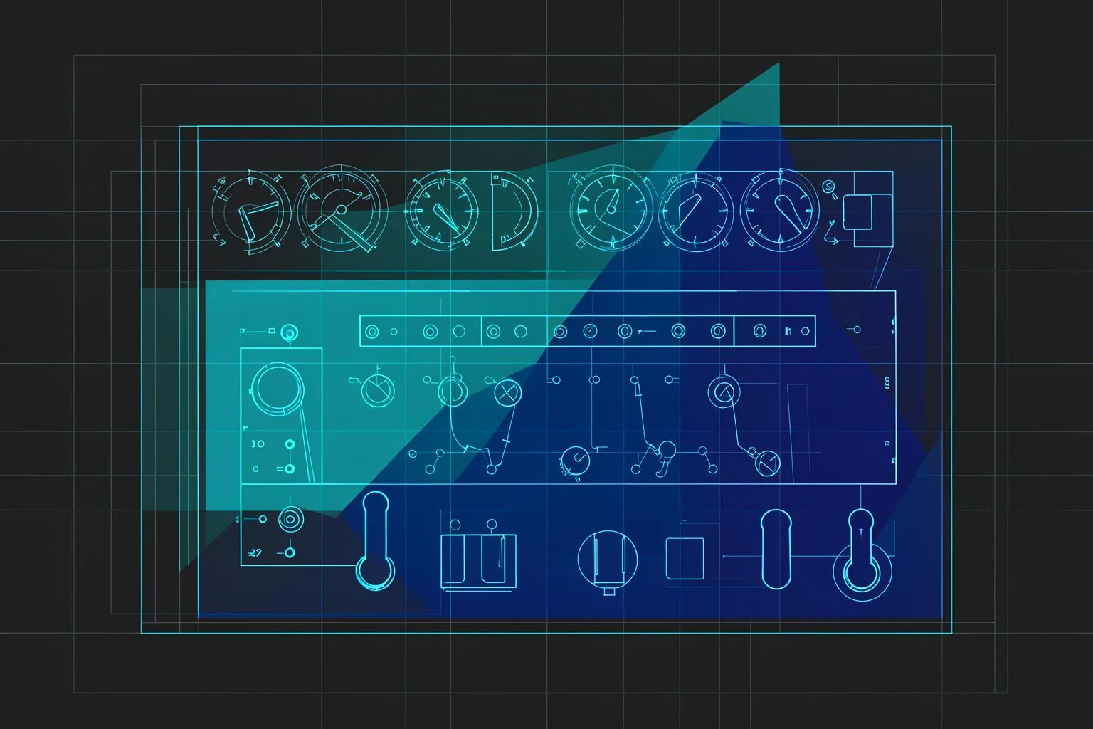 Abstract blueprint illustration in blue and orange.