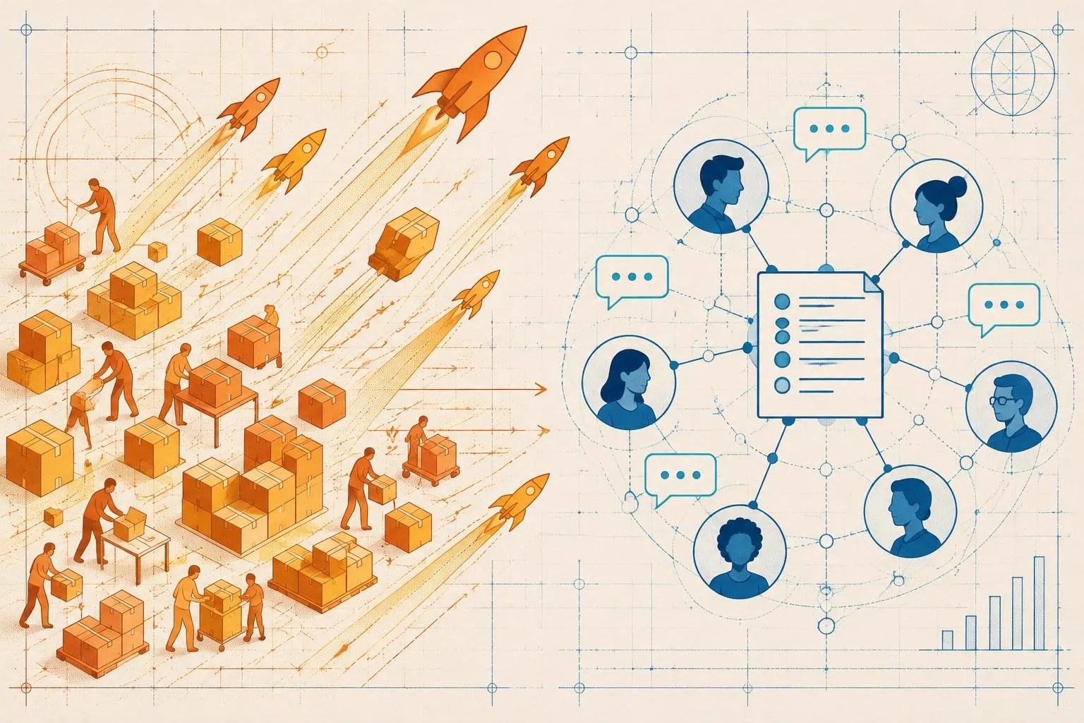 Blueprint illustration: fast-shipping builders on one side, a shared changelog connecting people on the other.