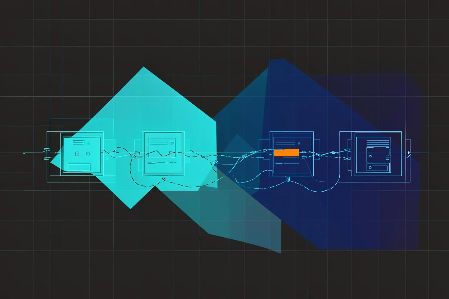 Abstract blueprint illustration in blue and orange.